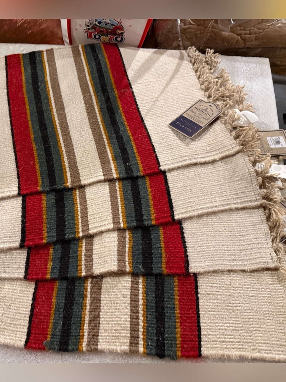 New Pottery Barn X Pendleton Yakima Jute Stripe Table Placemats, S/4, Ivory/Red